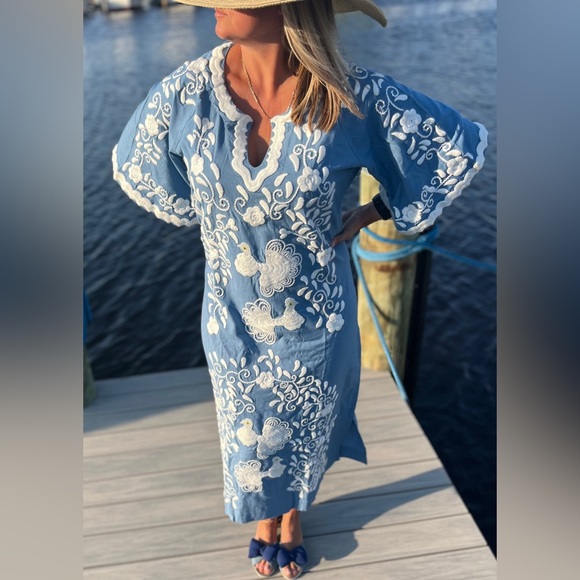 Frances Valentine Dresses & Skirts - Frances Valentine Blue and White Peacock Caftan Embroidered Dress